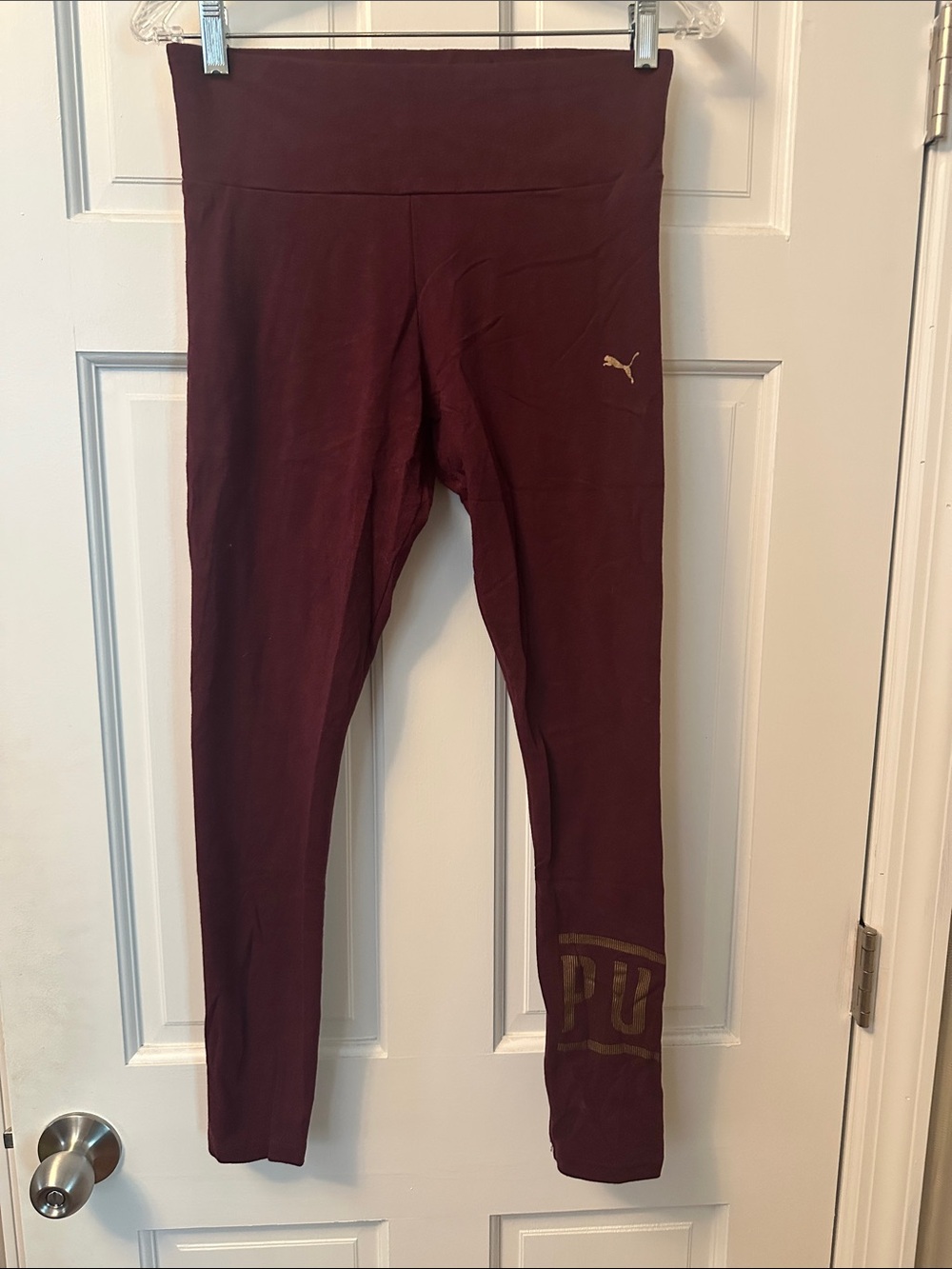 Puma Maroon Leggings with Gold Logo and Calf Graphic